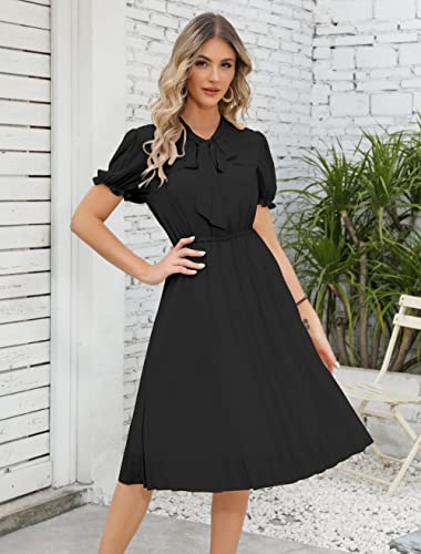Haokeke Women Summer Dress Short Sleeves Chiffon Dress Retro Pleated Shirt Dress Wear Ideal For Party Work Casual Church Time Meeting Cocktail Etc Solid Black Dress M #TOP4