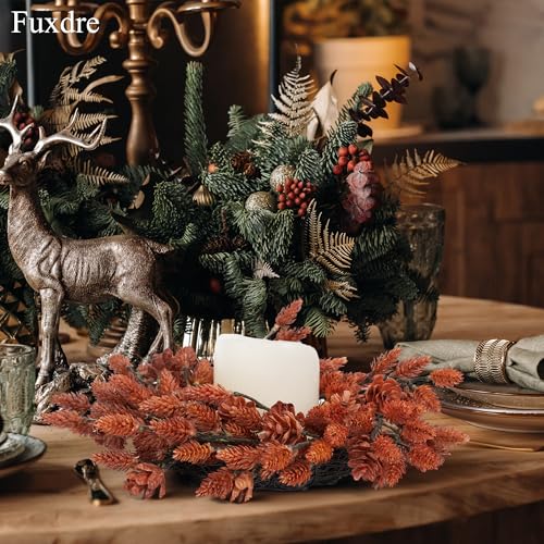 Fuxdre 2 Pcs Christmas Candle Rings Wreaths, 10 Inch Candle Wreath with Artificial Red Pinecone, Christmas Candle Holder Indoor Decor for Home Kitchen Cabinets Centerpieces for Tables — view 3