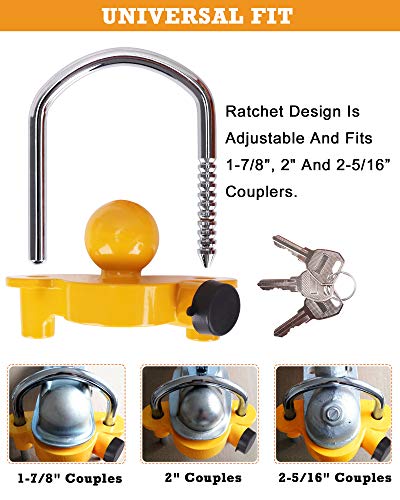 Turnart Trailer Lock, Hitch Lock, Trailer Hitch Lock, Trailer Coupler Lock, Trailer Tongue Lock, Adjustable, Heavy-Duty Steel, Universal Size Fits 1-7/8", 2", And 2-5/16" Couplers (Yellow-A) #TOP5