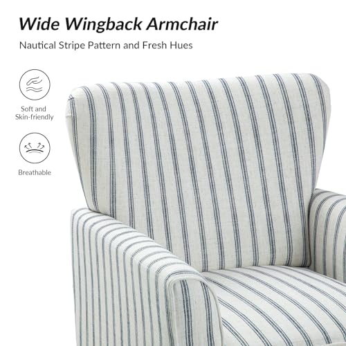 Sillón tapizado a rayas azul con patas de madera miniatura 5