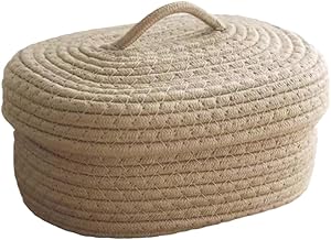 AZNABLE 収納バスケット 収納カゴ 蓋付き おしゃれ コットンロープバスケット 小物入れ 23×15×10cm (カーキ)