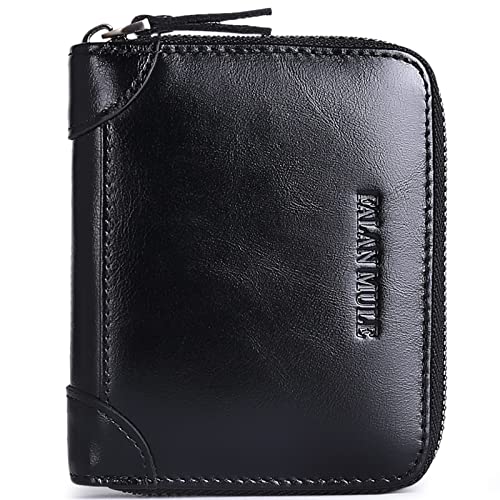 FALAN MULE Wallets For Men Genuine Leather Short RFID Blocking Zip-around Bifold Wallet（Black）