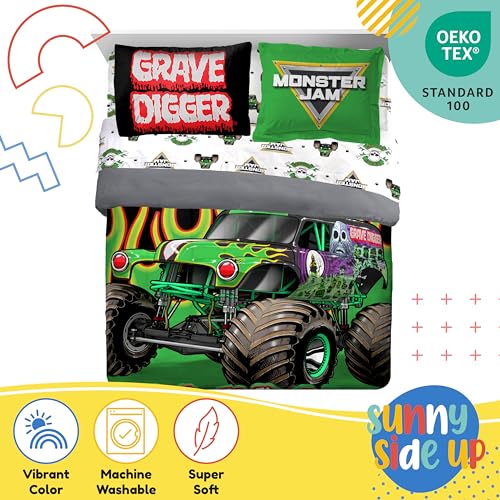 Image of Sunny Side Up Monster Jam Full Comforter Set - 7 Piece Kids Bedding Includes Comforter, Sheets & Pillow Cover - Super Soft Trucks Microfiber Bed Set