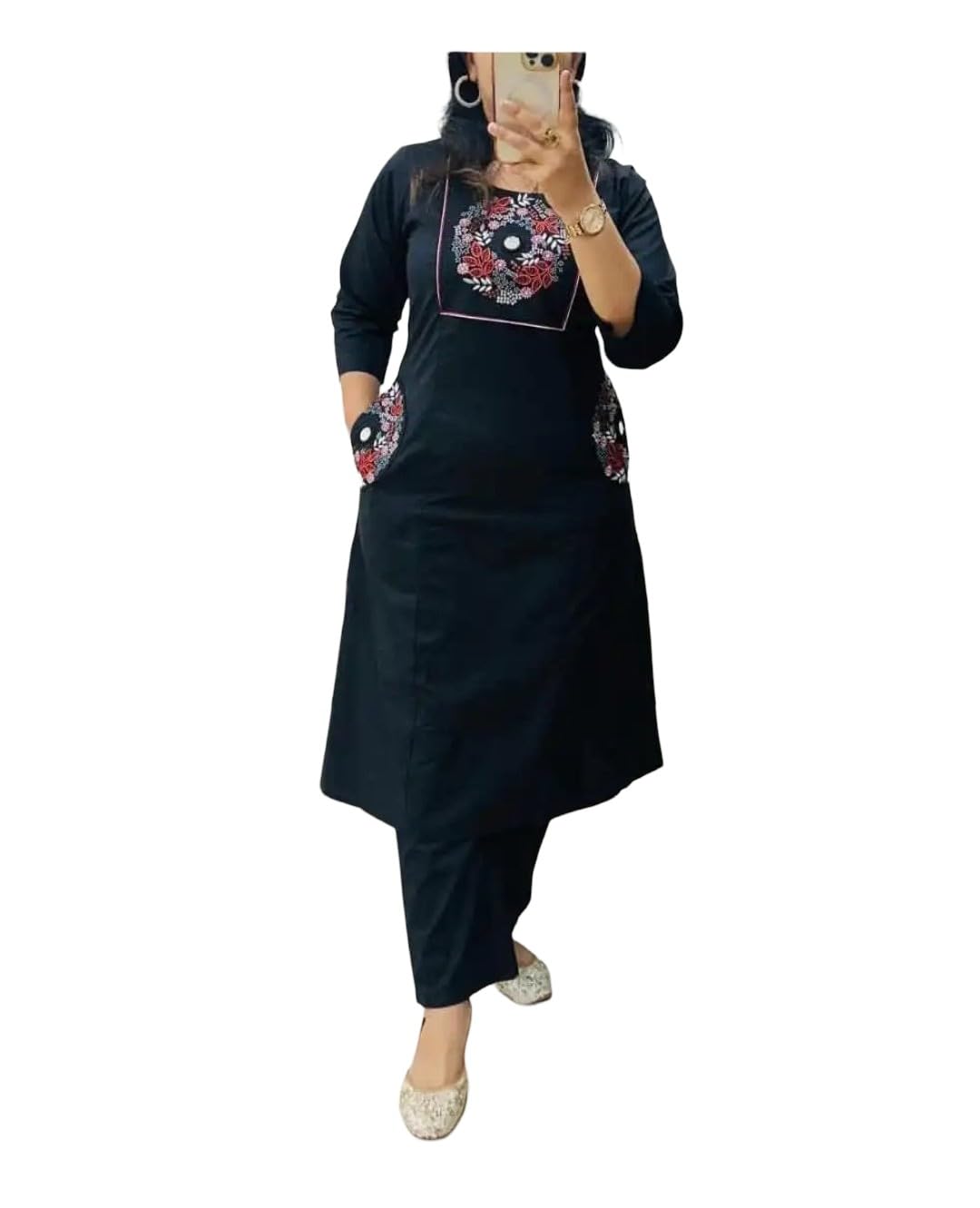 Embroidered A-Line Kurti Set (IN, Alpha, 2XL, Black)