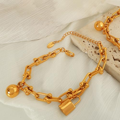 Chunky Gold Paperclip Bracelet for Women Lock Ball Pendant Charm Bracelet Adjustable3
