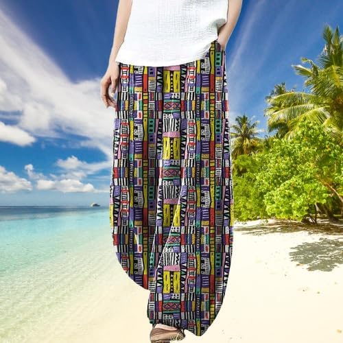 Women's Wide Leg Harem Pants Graffiti Printed Baggy Elastic Waisted Cotton Palazzo Summer Beach Trouser - Image 2