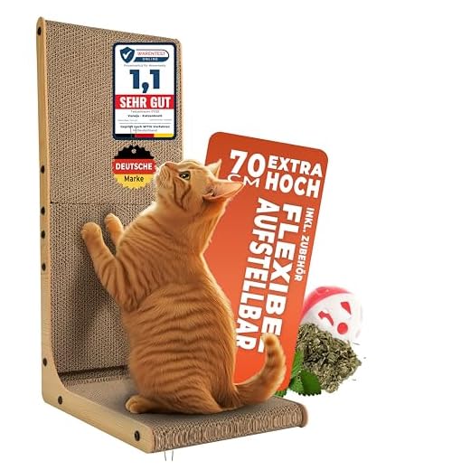 VANEJA® XXL Kratzbrett Katze 70 cm L-förmige Kratzpappe mit Ballspielzeug und Katzenminze, widerstandsfähiges Katzenkratzbrett für Wand Ecke, hochwertiges Kratzmöbel aus Karton
