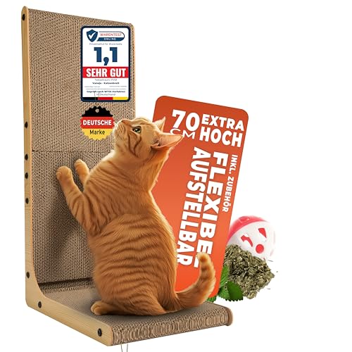 VANEJA® XXL Kratzbrett Katze 70 cm L-förmige Kratzpappe mit Ballspielzeug und Katzenminze, widerstandsfähiges Katzenkratzbrett für Wand Ecke, hochwertiges Kratzmöbel aus Karton