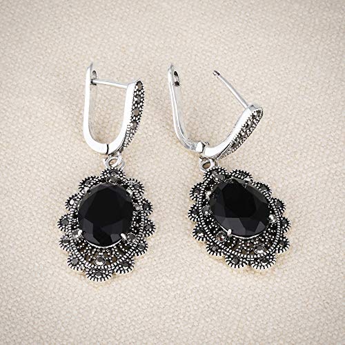 Mytys Black Marcasite Dangle Earrings For Women Retro Vintage Black Onyx Stone Drop Earring For Girl Hypoallergenic Jewelry (Oval Flower) #TOP1