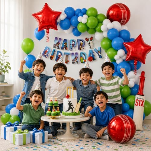Image of Rozi Decoration Cricket Theme Birthday Decoration Combo Set with Paper Banner, Bat Foil Balloon and Cricket Birthday Decoration Kit - 53 Pieces Party Decor Kit
