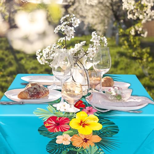 Image of Irenare 6 Sheets Hawaiian Luau Tablecloths for Party Decoration 54 x 108'' Tropical Palm Leaves Table Cloth Hawaii Disposable Rectangular Plastic Table Cover for Summer Beach (Blue)