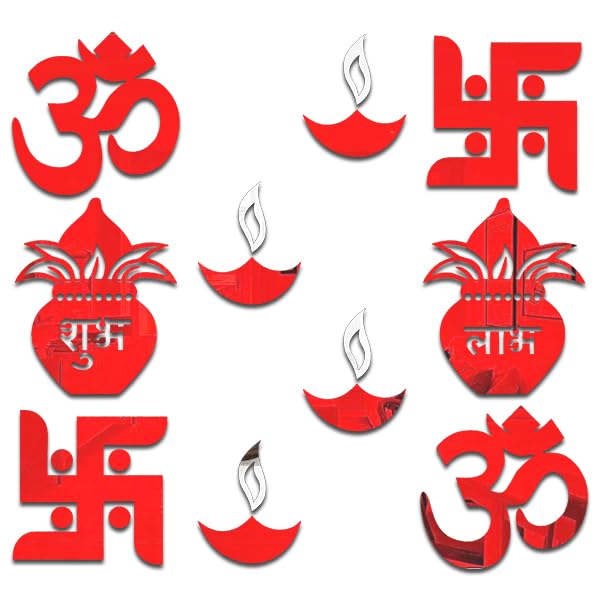 Chote Mote Seller - Kalash Combo Decorative Mirror Stickers for Wall, Wall Mirror Stickers, Wall Stickers for Hall Room, Bed Room, Living Room Kids Room. (red)