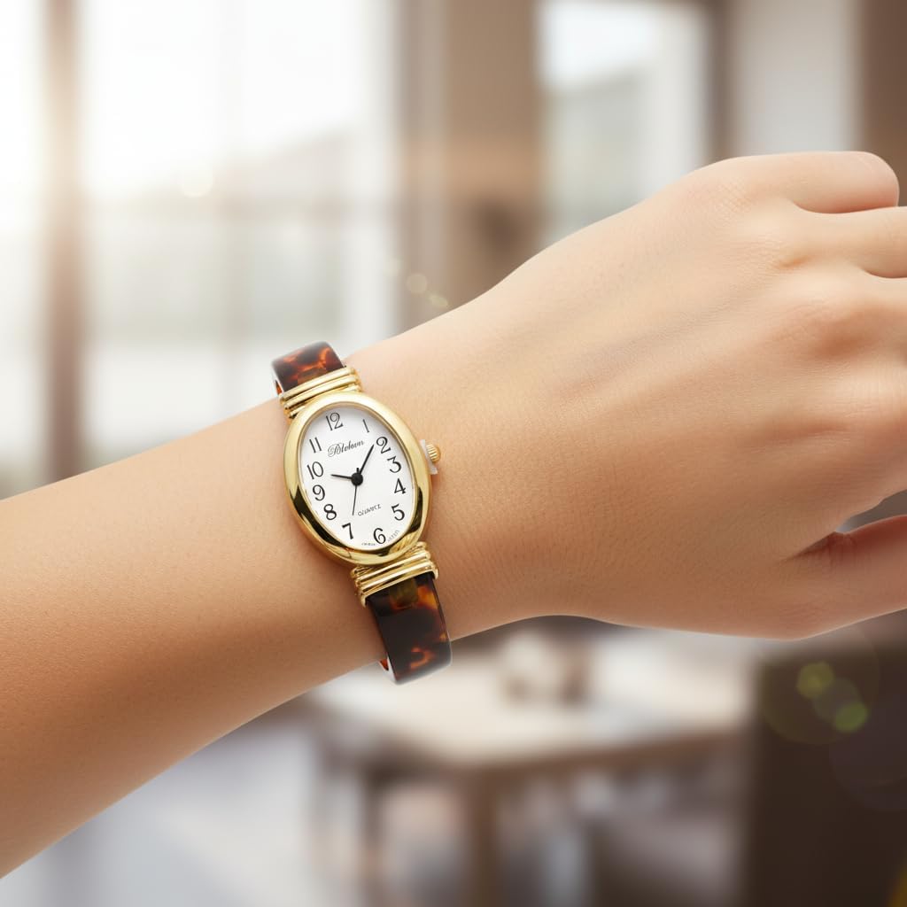 Collections Women's Round, Oval, Rectangle Case Shapes Acrylic Tortoise Shell Color Design Cuff Bangle Watch
