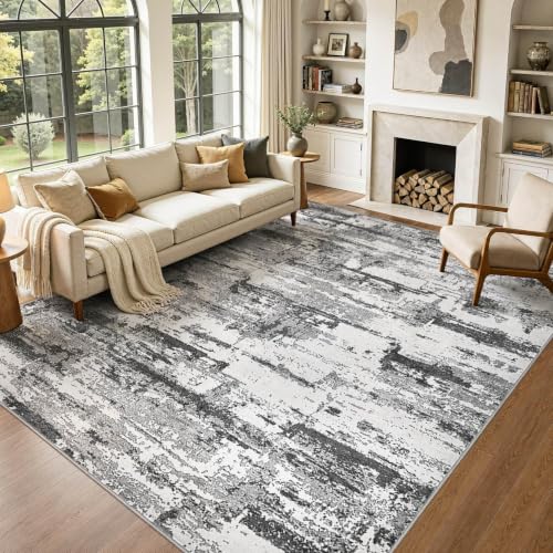 Jessibou 9x12 Area Rug Living Room Abstract Washable Rugs, Black Grey