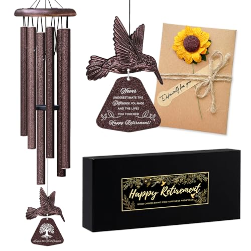 Image of Retirement Gift Wind Chime with Hummingbird, 32 inch Wind Chimes with Sunflower Greeting Card Happy Retirement Gifts for Women Men Colleague Boss Teachers Friends, Going Away Gifts for Coworker