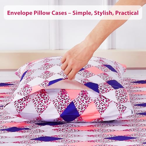 Image of Softan Geometric Argyle Leopard Print Full Sheet Set, Patterned Microfiber Bed Fitted Sheets with 15 inch Deep Pocket & Non-Slip Corner Straps, Pink Purple Modern Aesthetic Double Sheets & Pillowcase Set