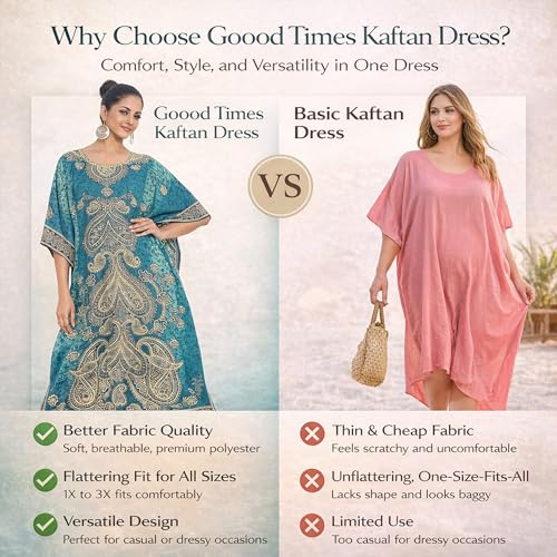 Image of Goood Times Plus Size Kaftan Long Maxi Kimono for Women, 52 inch Length, 3 /4 Sleeves, Caftan Nightgown for Women