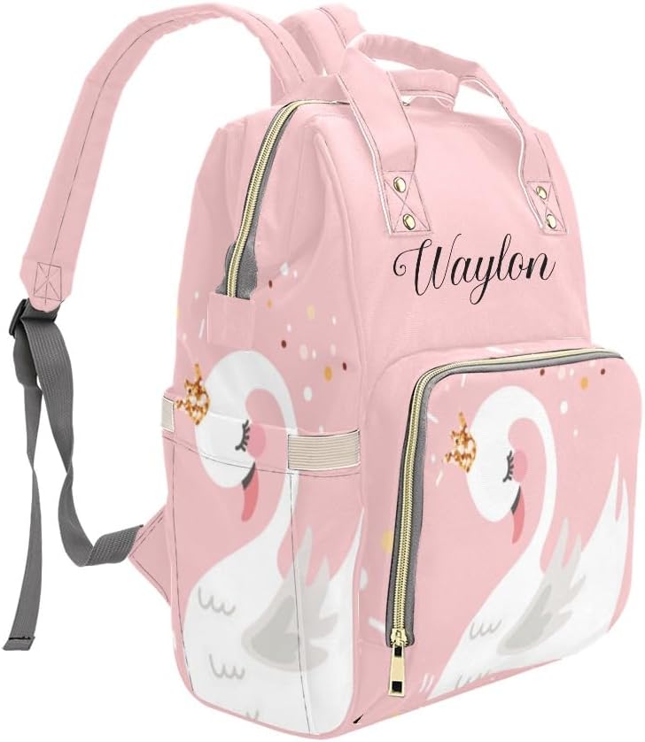 Love White Swans Personalized Diaper Bag Backpack Custom Name Text Backpack Nappy Bag Mommy Bag for Girl Boy