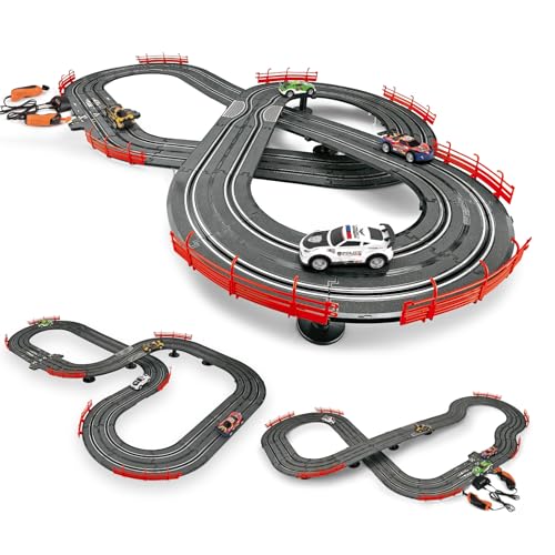 Slot Car Race Track Set Toy with 4 High-Speed Cars, 3 in 1 Electric Track, Dual Racing Game with Lap Counter & 2 Controllers, Circular Overpass Design Toy for Kids Ages 8-12.