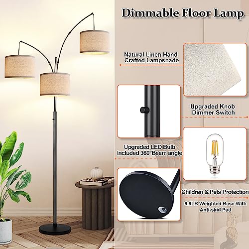 Dimmable Floor Lamp - 3 Lights Arc Floor Lamps For Living Room, 1000Lm Modern Tall Standing Lamp With Beige Shades & Heavy Base, Mid Century Tree Floor Lamp For Bedroom Office, 3 Led Bulbs Included #TOP3