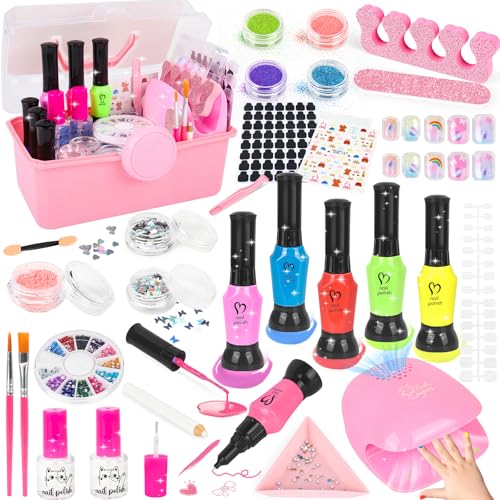 Kids Nail Polish Set for Girls 34PCS Nail Art Kit with Nail Dryer & Storage Box Non Toxic Quick Dry Kit and Fake Nails for Kids Girl Toys Age 8-12 Halloween Birthday Christmas Gifts for Girls 8-12