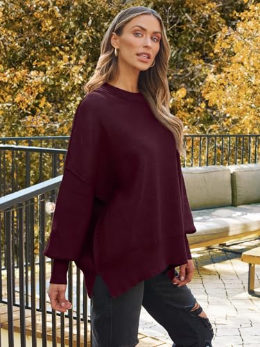 Image of LILLUSORY Women's Oversized Batwing Sweaters 2026 Fall Outfits Trendy Crewneck Knit Side Slit Fashion Pullover Tops