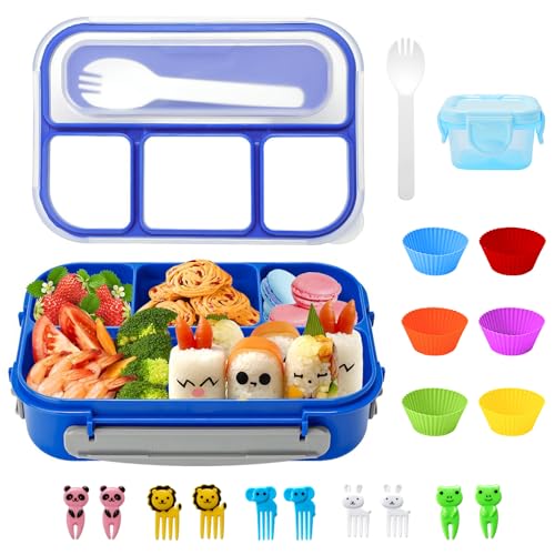 SCIREATH Bento Box Lunch Box Kit for Kids Adults, 1300ML Large 4-Compartment Lunch Box w/Fun Accessories Silicone Cake Cups, Cute Food Picks & Sauce Can, Durable Leakproof Meal Prep Container