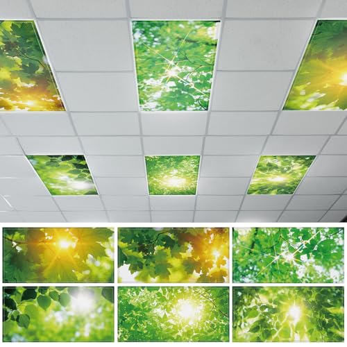 Wiooffen 6 Pcs Fluorescent Light Covers with 60 Magnets Decorative for Classroom Ceiling Light 4 x 2 Feet Magnetic Light Covers Filter Easy Install for Office Hospitals & Home(Green Leaves)