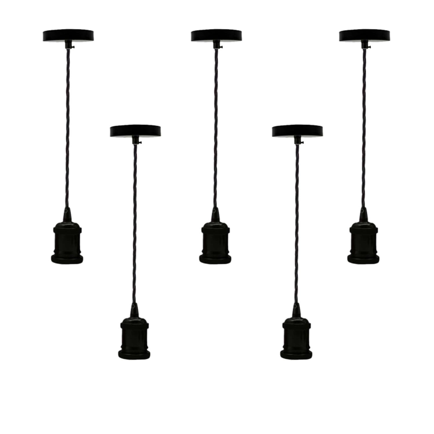5 Pack E27 Pendant Light Fitting Black Metal Vintage Hanging Lamp Holder with Twisted Cable Ceiling Light Kit Industrial Lighting
