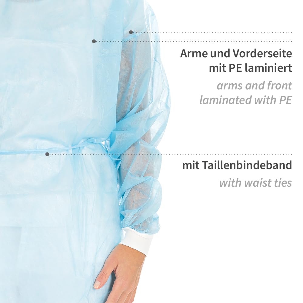 FRANZ MENSCH 100 Stück, Vlieskittel, L 135cm, blau, PP/PE, Nackenbindeband | Eco, teil-laminiert, Umfang 145cm, OP Einwegkittel, Einmalkittel mit Bündchen, Schutzkittel, Besucherkittel, visitor gown