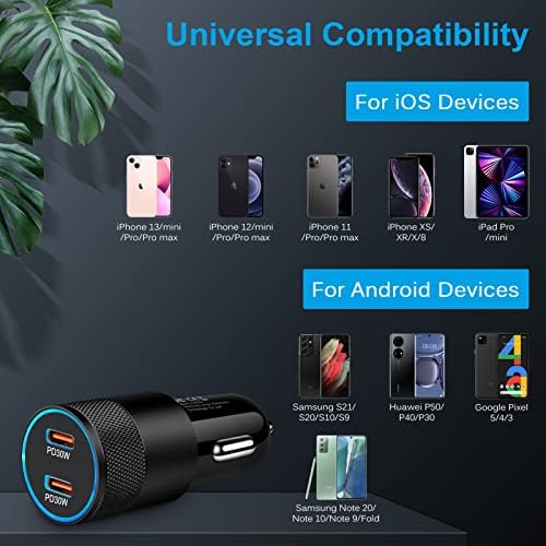 Car Charger, AILKIN 60W PD 3.0 Dual Port Fast USB C Car Charger Adapter, USB Car Charger Compatible with iPhone 13 Pro Max/12 Mini/11/SE 2020/XS/XR/X/8, Samsung Galaxy S21/S20/Z Flip 3/Z Fold 3