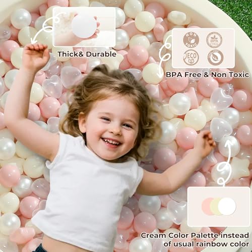 TRENDPLAYBall Pit Balls Star and Heart Shapes for Toddlers - 100 Count Plastic Balls for Ball Pit Fun and Play, Pink+ Beige+ Pearl White - Thumbnail 6