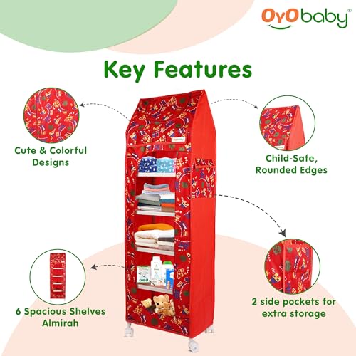 Image of OYO BABY Kids Wardrobe for Storage 6 Shelves | Heavy Duty Plastic Almirah for Baby Clothes, Toys & Books Rack | Compact Storage Organizer for Nursery /Bedroom [Printed - Red]