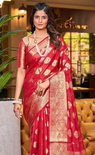 Image of SWORNOF Women's kanjivaram banarasi silk saree Zari Woven for festival Wedding silk with rich pallu Design sarees for women with Unstitched blouse piece (RED)