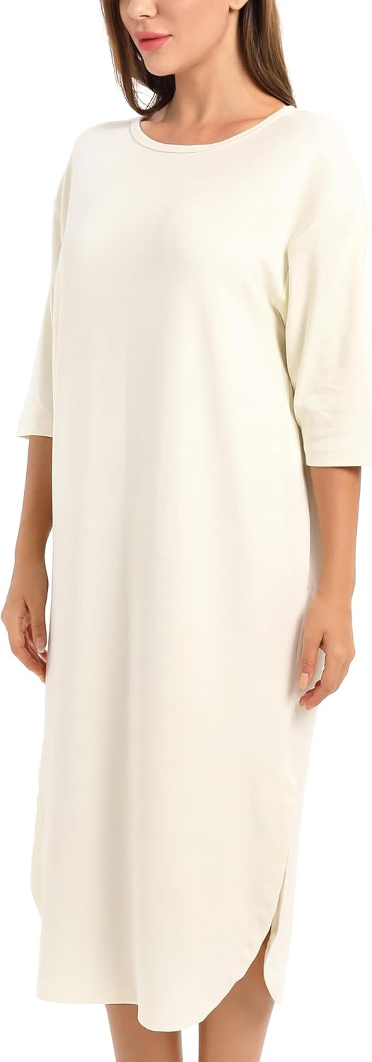 Women's Crew Neck 3/4 Sleeve Oversized Pajamas Loose Sleepshirt | Ribbed Combed Cotton Homewear Versitale Ocassions Nightgown Nightshirt Dress Can be worn outside