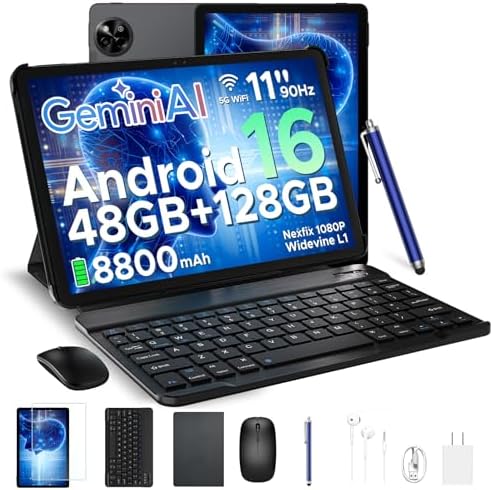 （03:00時点） 【Android16 11インチ セット版】Android16 タブレット 11インチ、48GB+128GB+2TB拡張、UNISOC T7250 8コアCPU、Gemini AI、Netflix、Widevine L1、1300万画素 AIカメラ、90Hzの高リフレッシュレート、8800mAh、5GWiFi +BT5.0+GMS、キーボード/マウス/保護ケース/タッチペン/フィルム付き