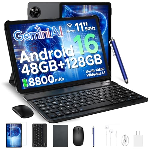 【Android16 11インチ セット版】Android16 タブレット 11インチ、48GB+128GB+2TB拡張、UNISOC T7250 8コアCPU、Gemini AI、Netflix、Widevine L1、1300万画素 AIカメラ、90Hzの高リフレッシュレート、8800mAh、5GWiFi +BT5.0+GMS、キーボード/マウス/保護ケース/タッチペン/フィルム付き