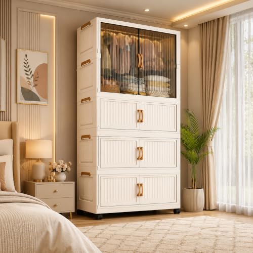 Image of Owme Modular Plastic Wardrobe for Bedroom | 1 Tier+3 Bins Foldable Cupboard with Hanging Rod | Stackable Storage Almirah for Clothes with Wheels | Multi-Layer Plastic Storage Cabinet - White