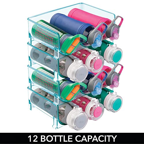 Mdesign Stackable Plastic 3 Bottle Refrigerator Wine Rack - Kitchen Storage Organizer For Champagne, Wine Or Water Bottles - Stacking Wine Organizer For Fridge - Ligne Collection - 4 Pack - Blue Tint #TOP4
