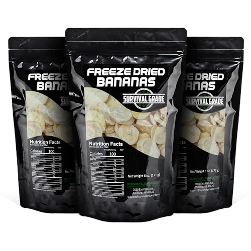 Survival Grocery® Freeze Dried Bananas - Gluten-Free, Unsweetened Banana Chips - Vitamin C & Fiber Rich Snack, Long Shelf Life, Natural Freeze Dried Fruit For Oatmeal, Granola, Smoothies, Baking Or On-the-go Snacking (18 oz./3 Bags)