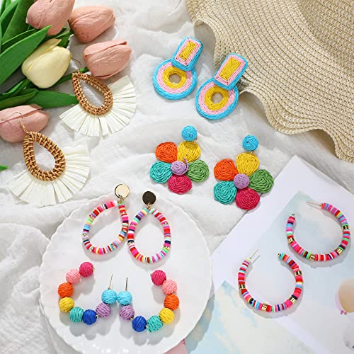Kigeli 6 Pair Beach Raffia Earrings Summer Statement Rattan Earrings Heishi Drop Hoop for Women Colorful Beaded Tassel Dangle Boho Earring Handmade Jewelry Teacher Gift(Rainbow Color)2