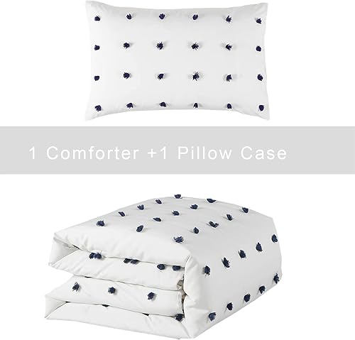Miniatura 6 de Stuaa - Juego de edredón individual, reversible con pompón azul marino, edredón de relleno alternativo para todas las estaciones (blanco y azul
