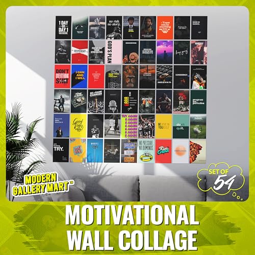 Image of MODERN GALLERY MART Pack of 54 Motivational Wall Collage Kit Posters - 4 x 6 Inches Posters for Wall Decoration - Wall Art For Bedroom, Office, Living room, Dorm room - Glue Dots Included
