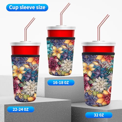 Image of 3 Pack Reusable Neoprene Insulator Sleeve for Iced Coffee Cups, Funny Coffee Cup Sleeves for 16-32oz Coffee cups, Cute Drink Sleeve for Cold Hot Beverages Luxuious Colorful Floral