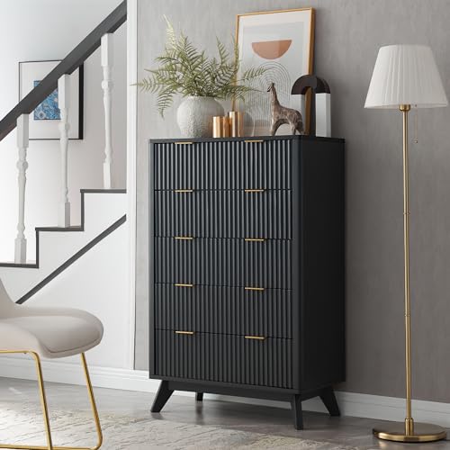Image of T4TREAM Fluted 5 Drawers Dresser, 48 inch Tall Modern Chest of Drawers with Faux Marble Top, Curved Profile Design, Wood Drawer Organizer for Bedroom, Living Room, Hallway, Entryway, Dark Grey