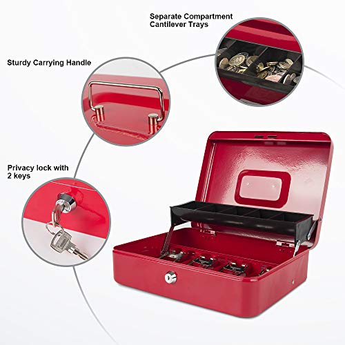 Image of KYODOLED Locking Cash Box with Lock,Money Box with Cash Tray,Lock Safe Box with Key,Money Saving Organizer,11.81Lx 9.45Wx 3.54H Inches,Red XL Large