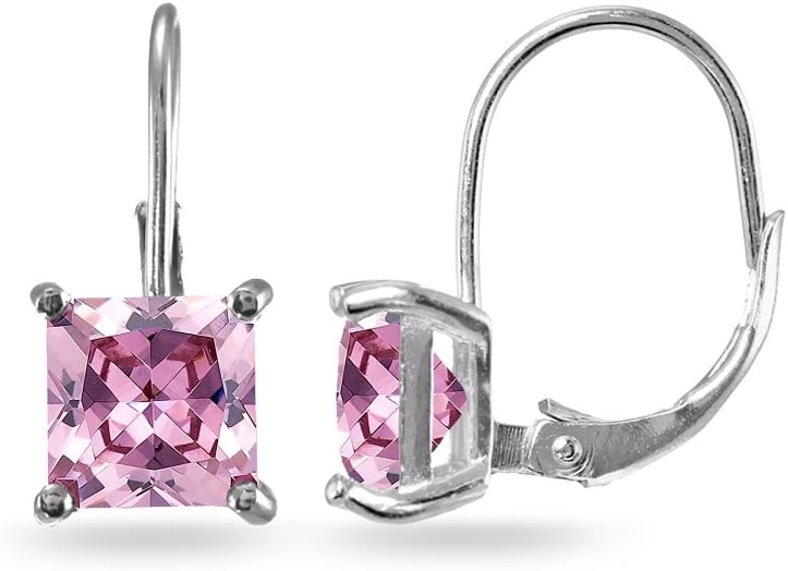 Hoops & Loops 925 Sterling Silver Colored CZ Cubic Zirconia Princess-cut 7x7mm Leverback Dangle Earrings for Women, Teen Girls
