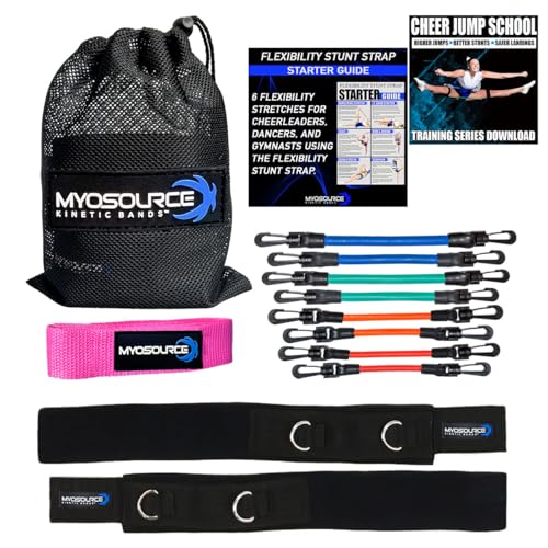 Kinetic Bands Cheer Combo Flexibility Fitness Training Kit (Leg Resistance Bands, Stunt Strap, Training DVD) From Myosource (Over 110 Pounds (Pink Stunt Strap))