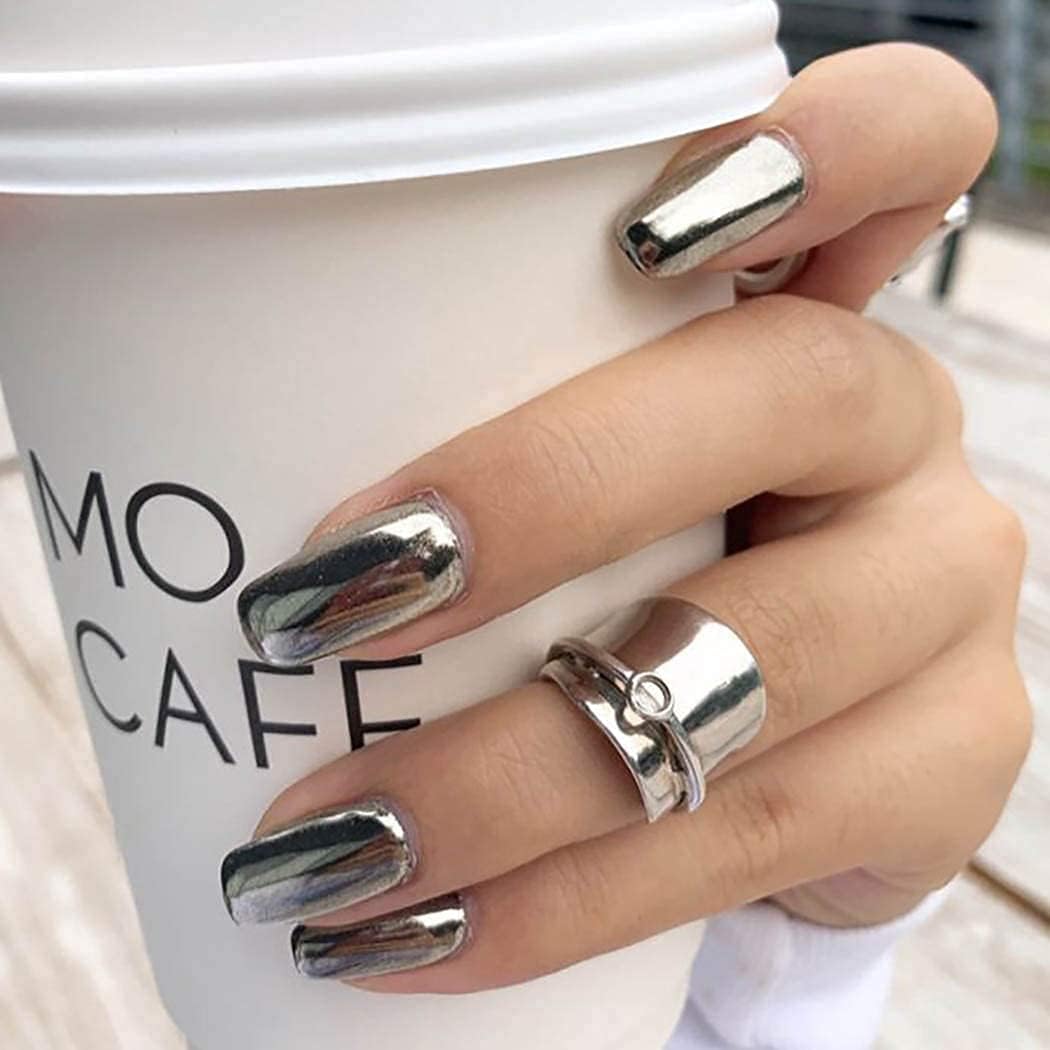 Fairvir Fashion Fake Nails Black Mirror False Nail Full Cover Acrylic Punk Prom Daily Clip Press On Nails for Women and Girls(24Pcs)