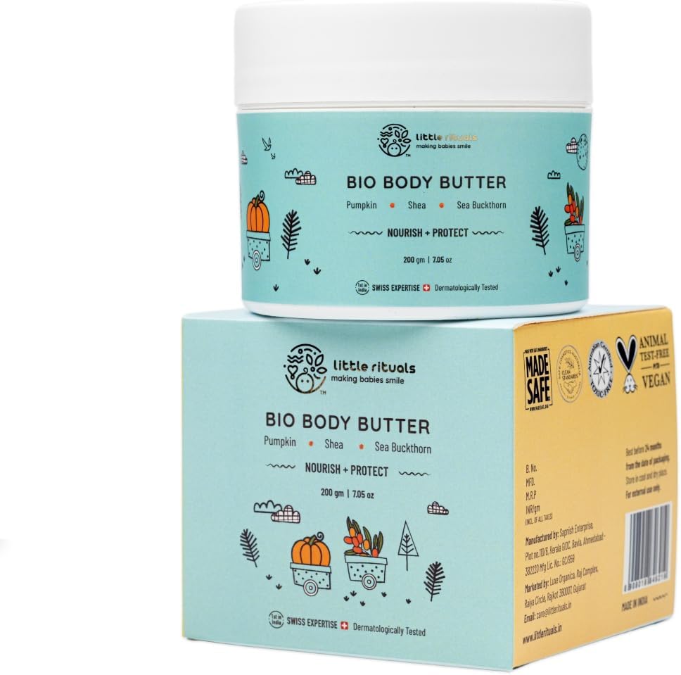 Little Rituals Baby BIO BODY BUTTER - NOURISH+ PROTECT Formulated with best plant botanical -PUMPKIN & SHEA BUTTER, SEABUCKTHORN OIL. Natural, Organic, Dermat tested, SWISS Technology (200 gm)
